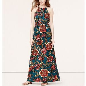 Loft Maxi Dress Small Linen Blend Teal Tropical Floral Waist Tie Halter Resort